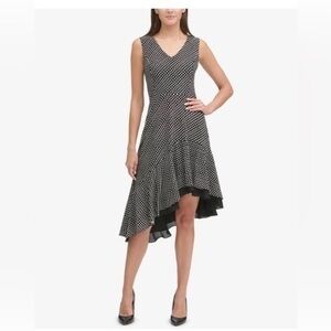 Tommy Hilfiger Black White Polka Dot V-Neck Asymmetrical Ruffle Hem Dress 6 HH22